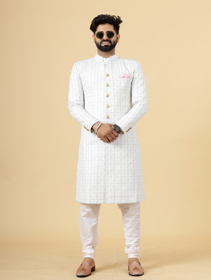 Alluring White thread Embroidered Sherwani for Men | Father Son Combo | Perfect Groom Wear