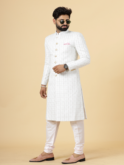 Alluring White thread Embroidered Sherwani for Men | Father Son Combo | Perfect Groom Wear