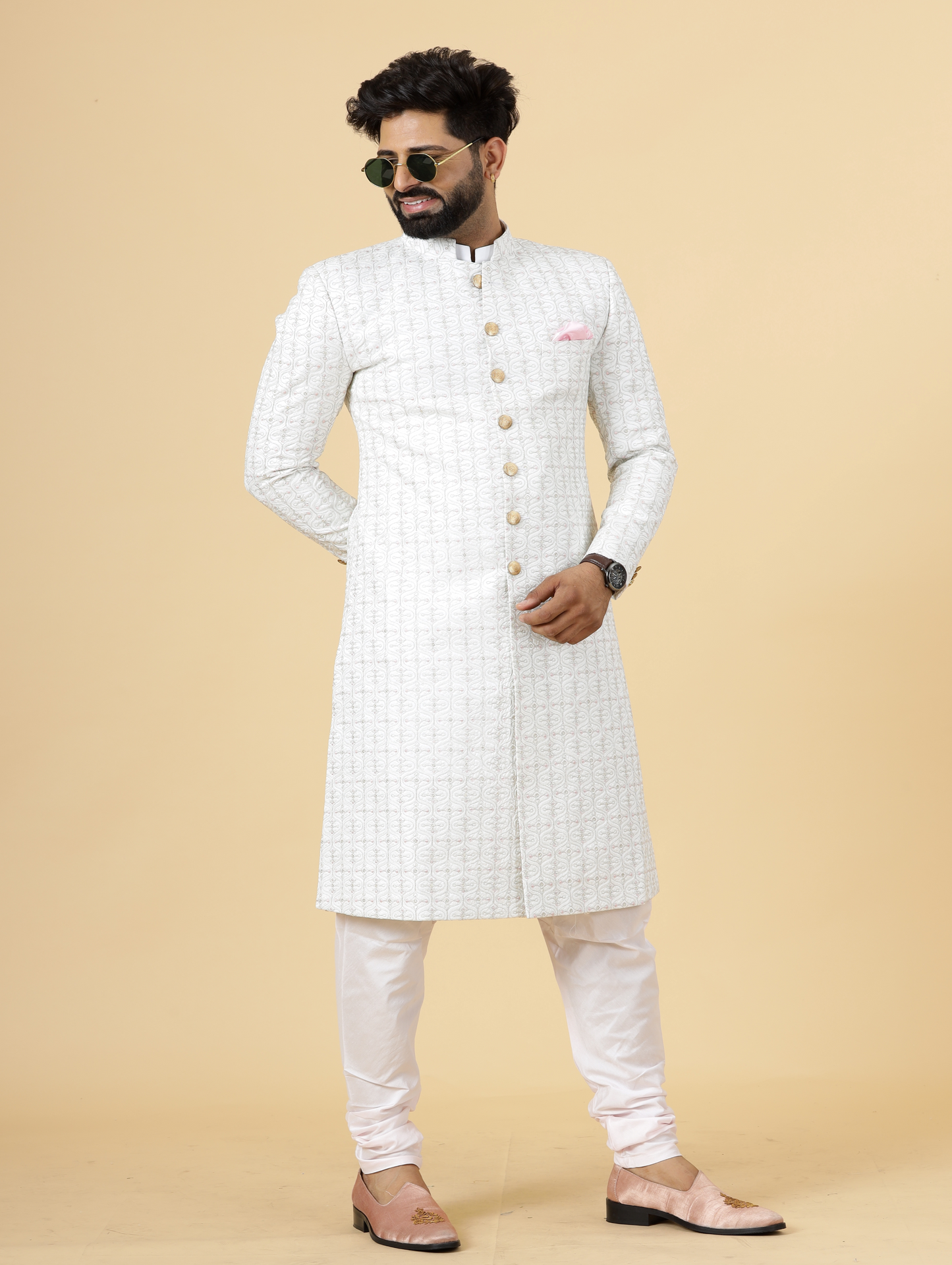 Alluring White thread Embroidered Sherwani for Men | Father Son Combo | Perfect Groom Wear