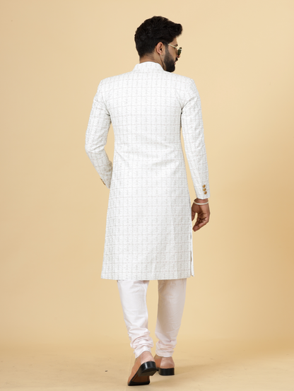 Alluring White thread Embroidered Sherwani for Men | Father Son Combo | Perfect Groom Wear