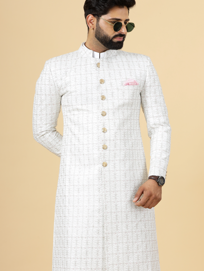 Alluring White thread Embroidered Sherwani for Men | Father Son Combo | Perfect Groom Wear