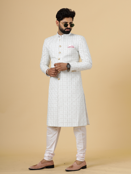 Alluring White thread Embroidered Sherwani for Men | Father Son Combo | Perfect Groom Wear