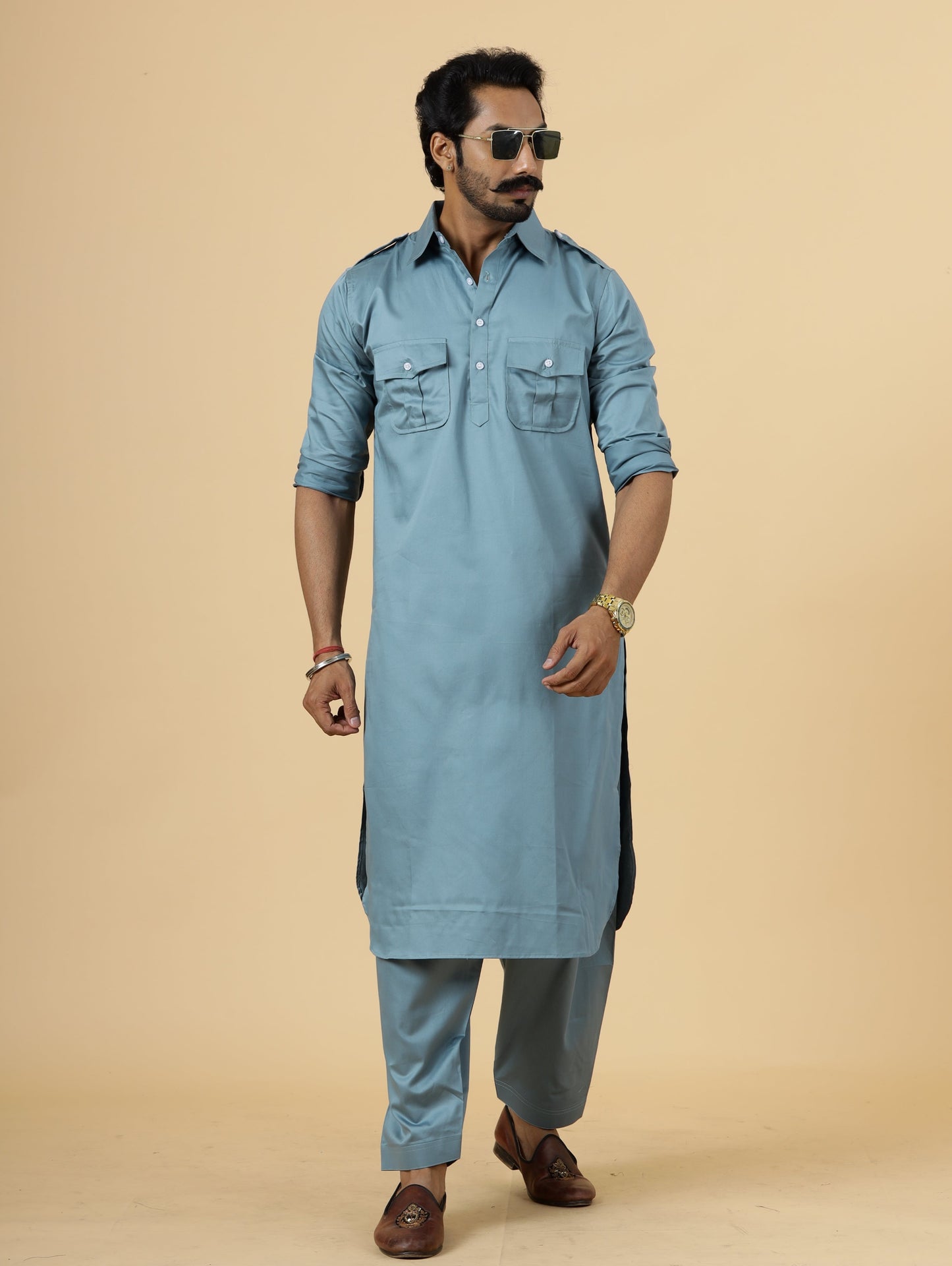 Classy Turquoise Blue Pathani Kurta-Salwar Set