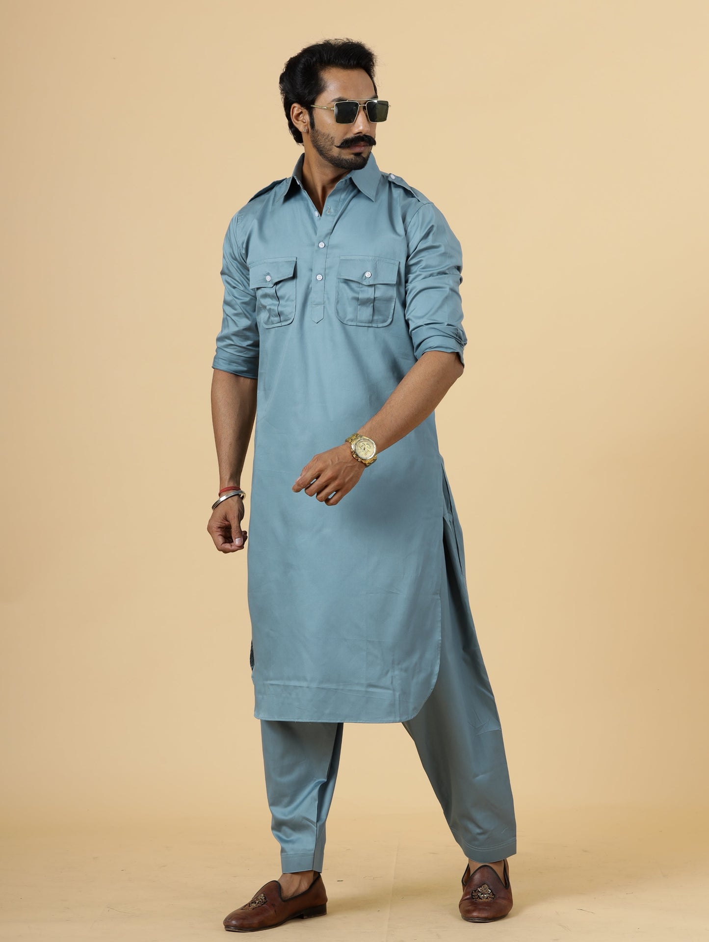 Classy Turquoise Blue Pathani Kurta-Salwar Set