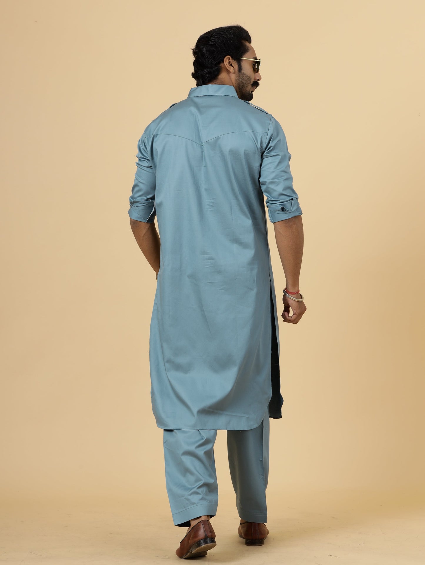 Classy Turquoise Blue Pathani Kurta-Salwar Set