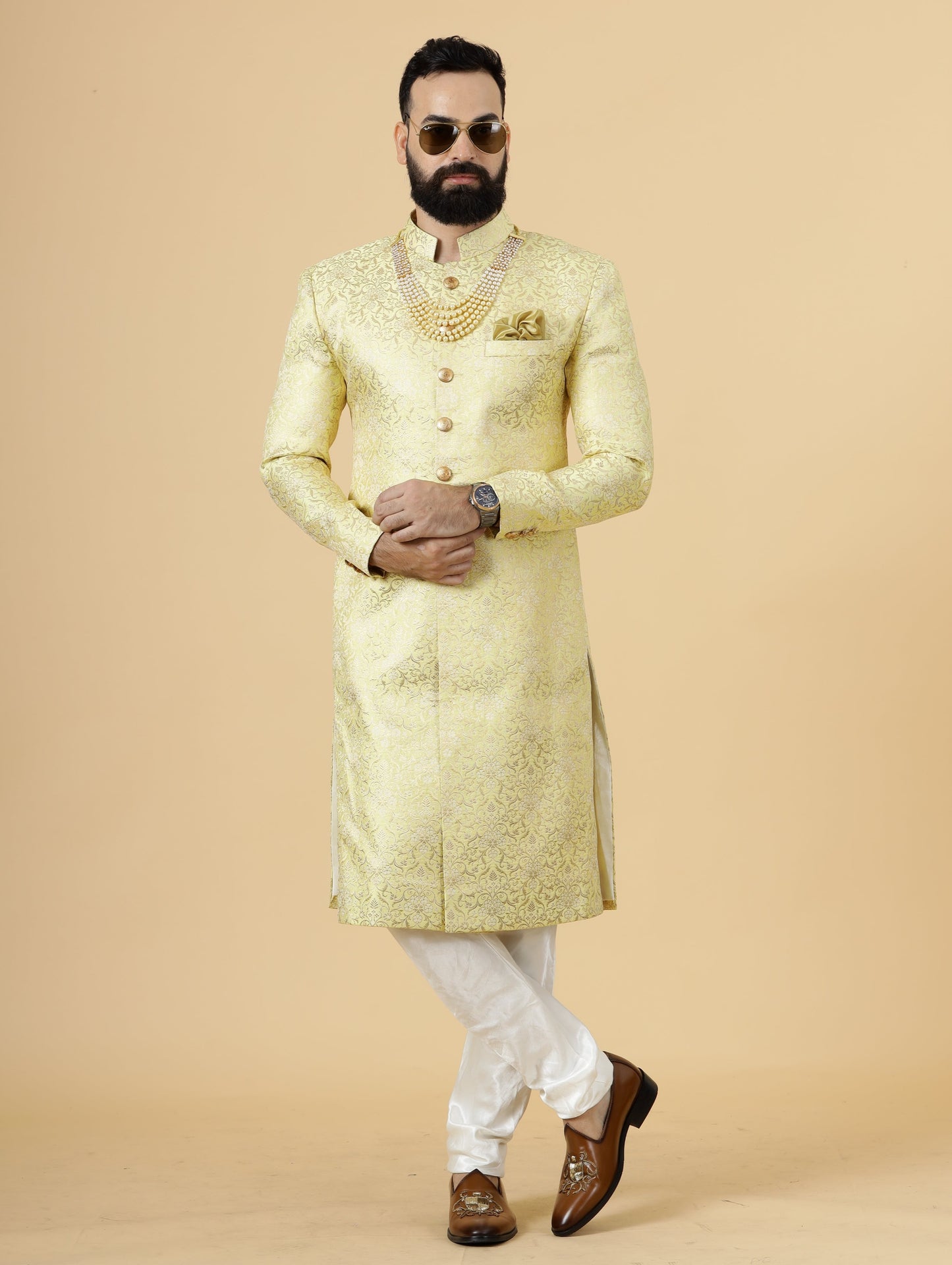 Stunning Yellow Banarasi Brocade Achkan for Men | Father Son Combo | Pastel Colour Sherwani | Perfect for Grooms