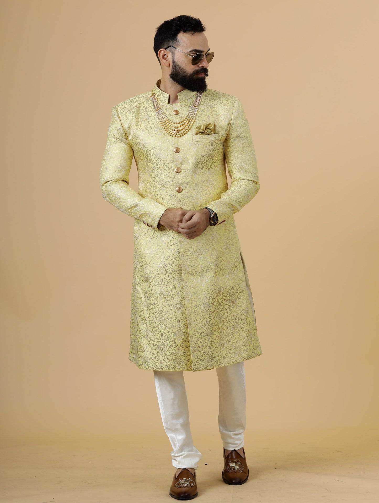 Stunning Yellow Banarasi Brocade Achkan for Men | Father Son Combo | Pastel Colour Sherwani | Perfect for Grooms