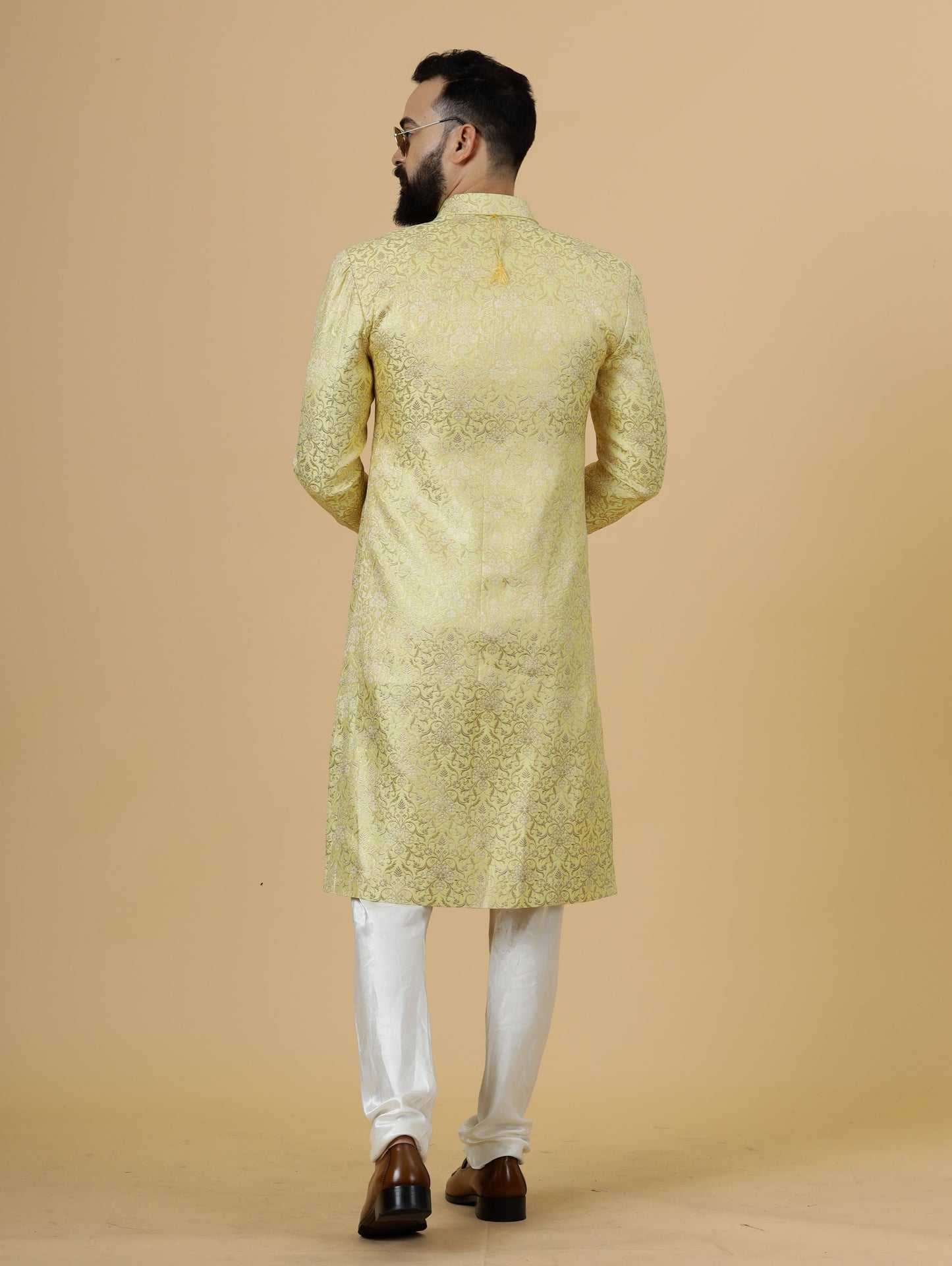 Stunning Yellow Banarasi Brocade Achkan for Men | Father Son Combo | Pastel Colour Sherwani | Perfect for Grooms