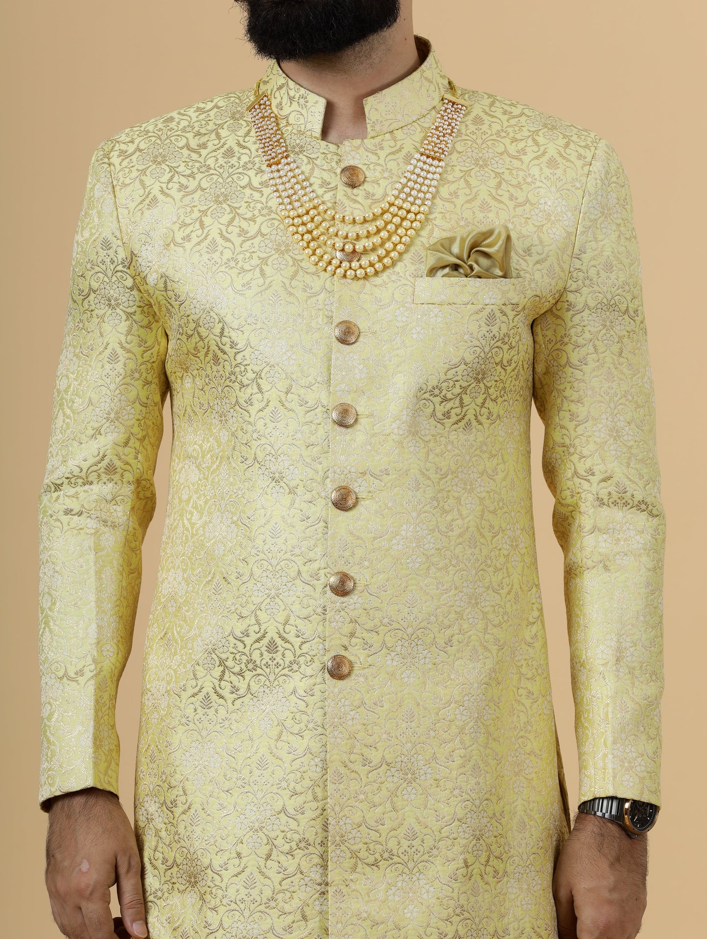 Stunning Yellow Banarasi Brocade Achkan for Men | Father Son Combo | Pastel Colour Sherwani | Perfect for Grooms