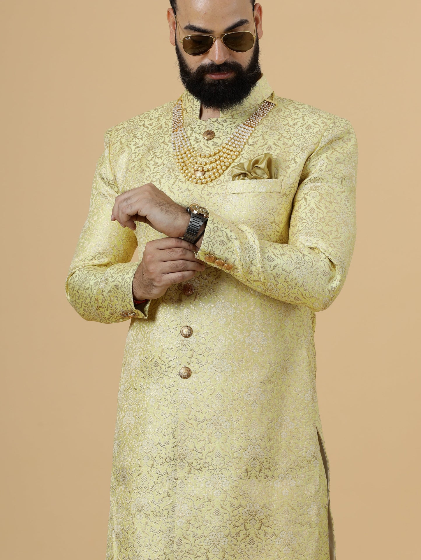 Stunning Yellow Banarasi Brocade Achkan for Men | Father Son Combo | Pastel Colour Sherwani | Perfect for Grooms