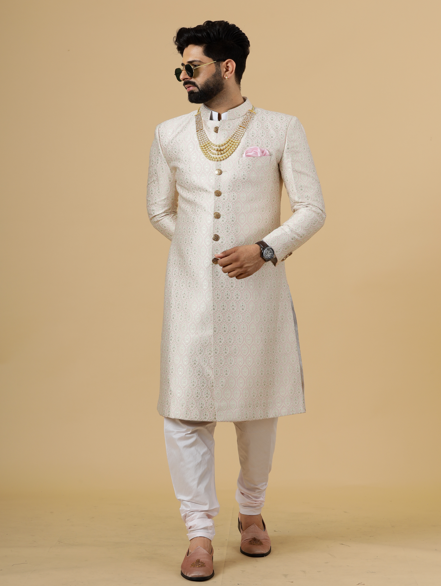 Stunning Beige Banarasi Brocade Achkan with Soft Pink Churidar for Men | Father Son Combo| Perfect for Grooms