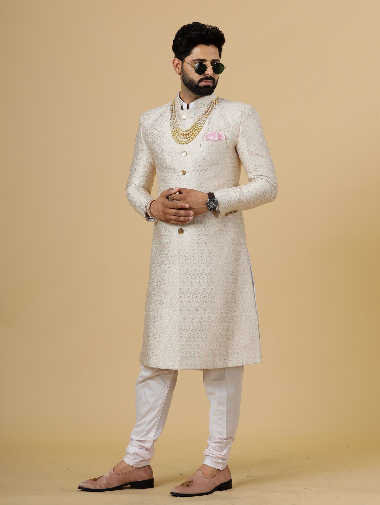 Stunning Beige Banarasi Brocade Achkan with Soft Pink Churidar for Men | Father Son Combo| Perfect for Grooms