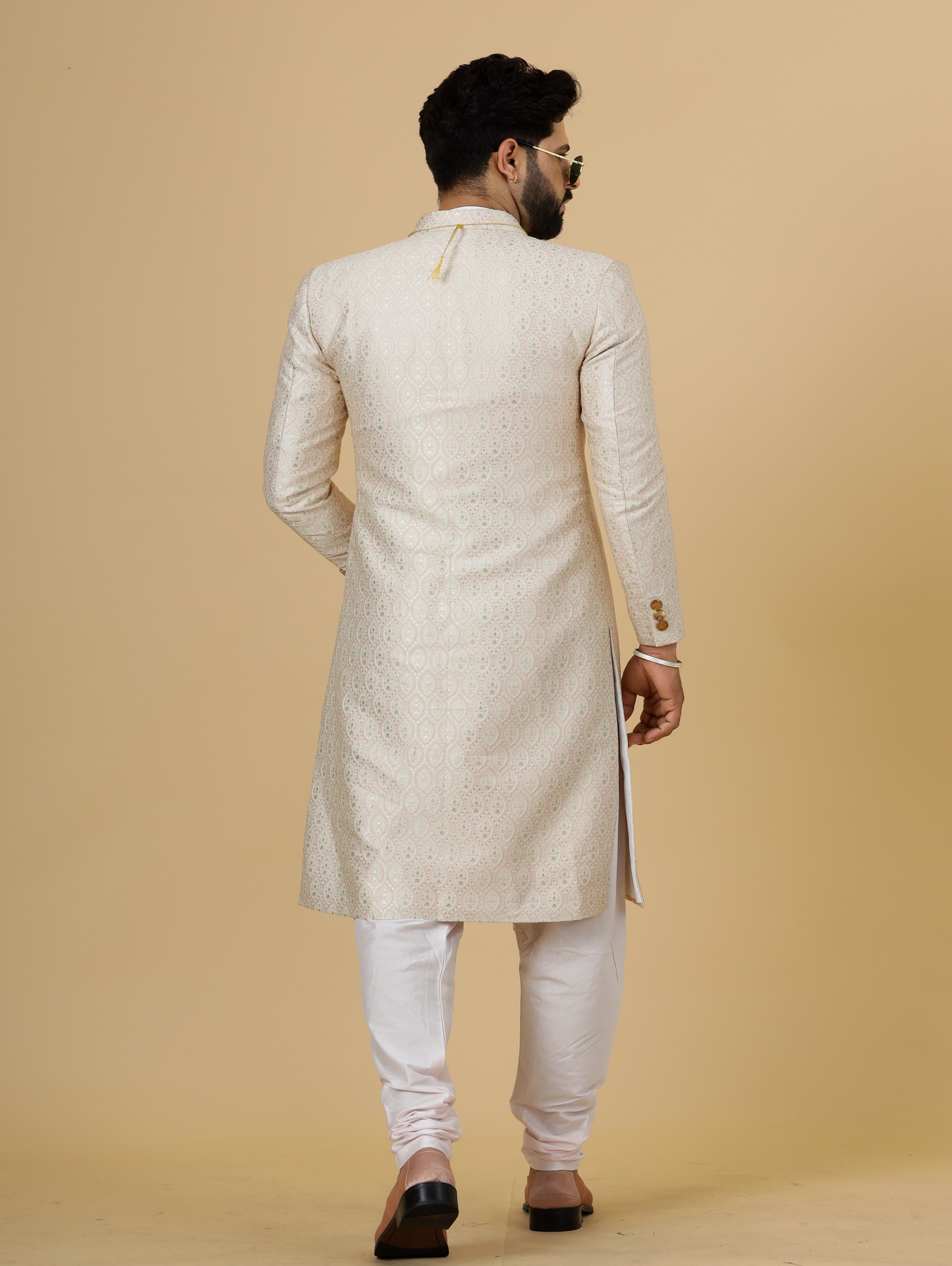 Stunning Beige Banarasi Brocade Achkan with Soft Pink Churidar for Men | Father Son Combo| Perfect for Grooms