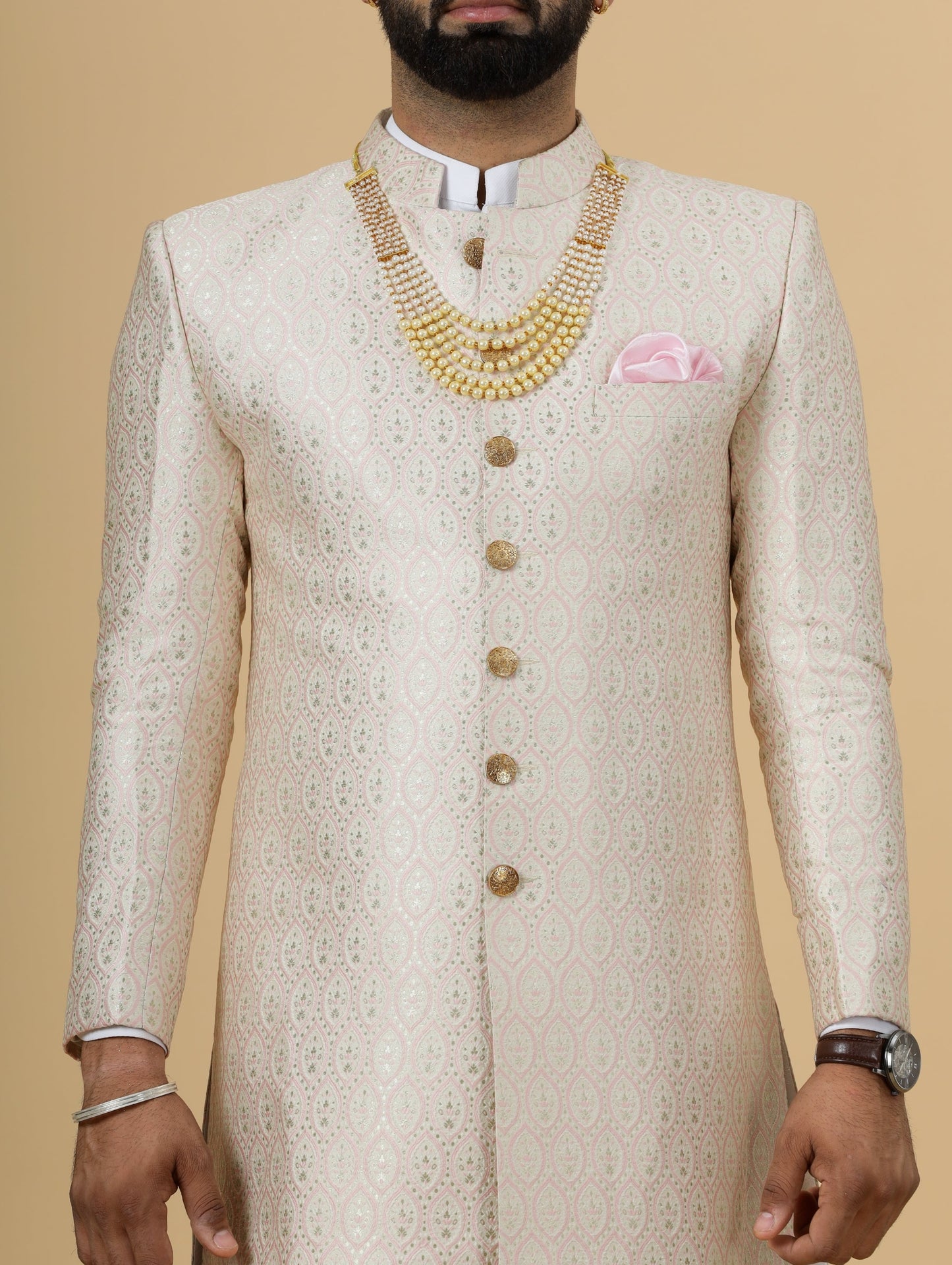 Stunning Beige Banarasi Brocade Achkan with Soft Pink Churidar for Men | Father Son Combo| Perfect for Grooms