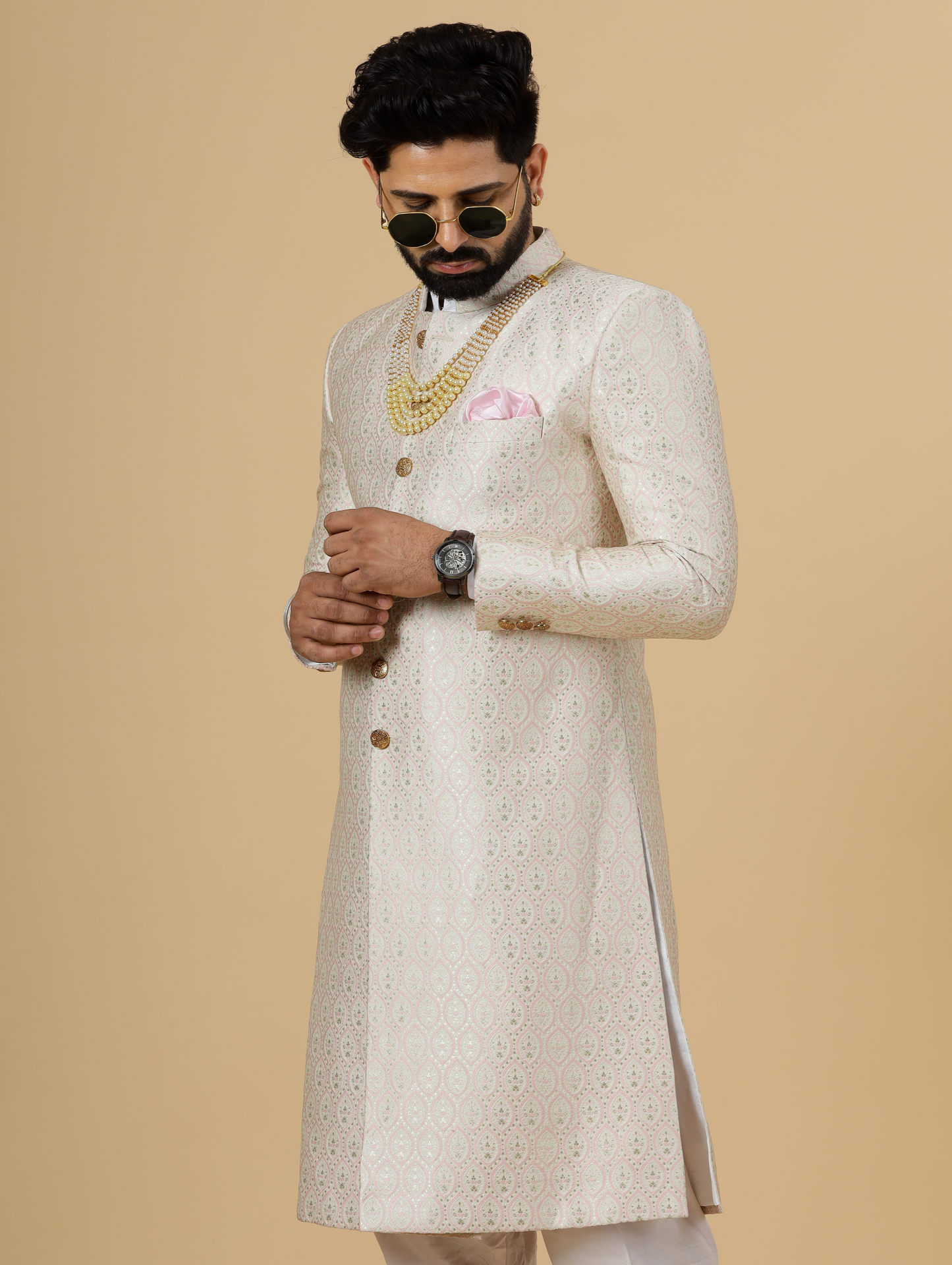 Stunning Beige Banarasi Brocade Achkan with Soft Pink Churidar for Men | Father Son Combo| Perfect for Grooms