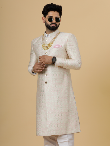 Stunning Beige Banarasi Brocade Achkan with Soft Pink Churidar for Men | Father Son Combo| Perfect for Grooms