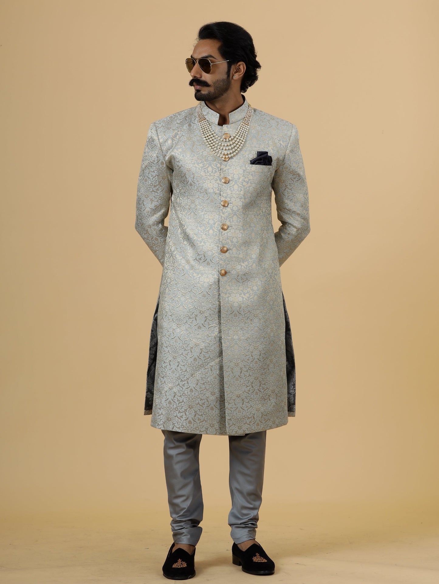 Stunning Grey Banarasi Brocade Achkan for Men | Father Son Combo | Pastel Colour Sherwani | Perfect for Grooms