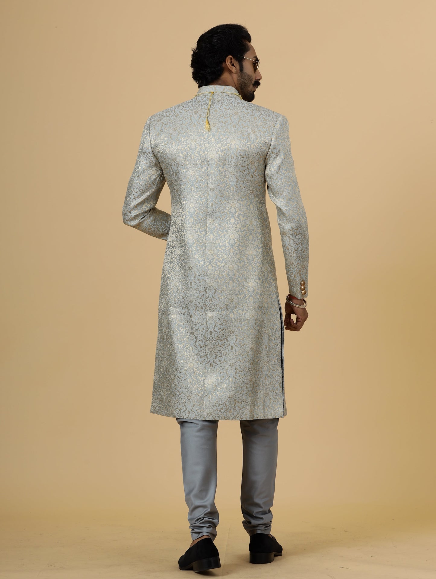 Stunning Grey Banarasi Brocade Achkan for Men | Father Son Combo | Pastel Colour Sherwani | Perfect for Grooms