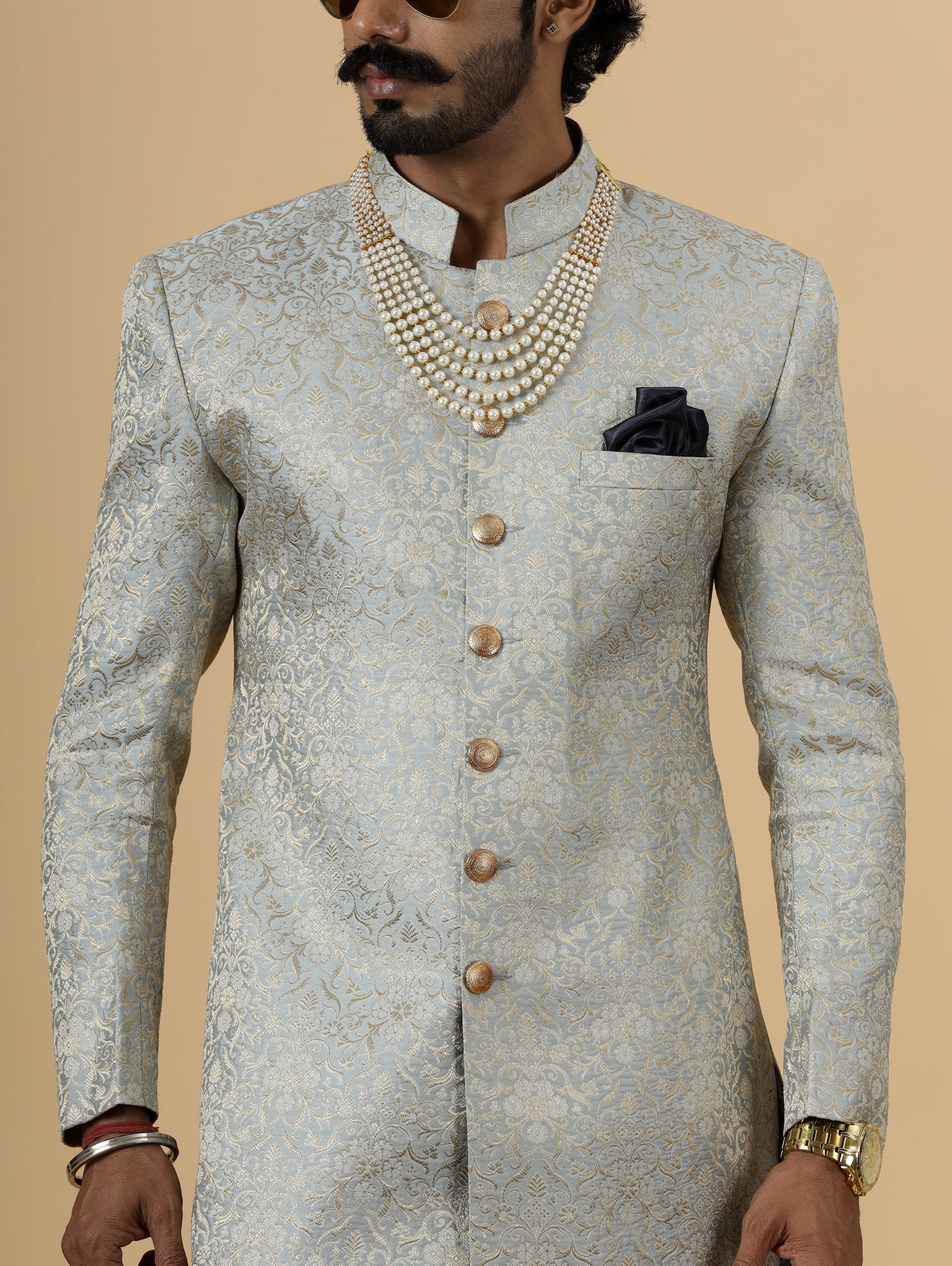 Stunning Grey Banarasi Brocade Achkan for Men | Father Son Combo | Pastel Colour Sherwani | Perfect for Grooms