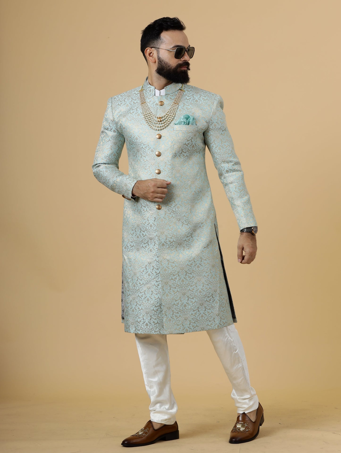 Stunning Sky Blue Banarasi Brocade Achkan for Men | Father Son Combo | Pastel Colour Sherwani | Perfect for Grooms