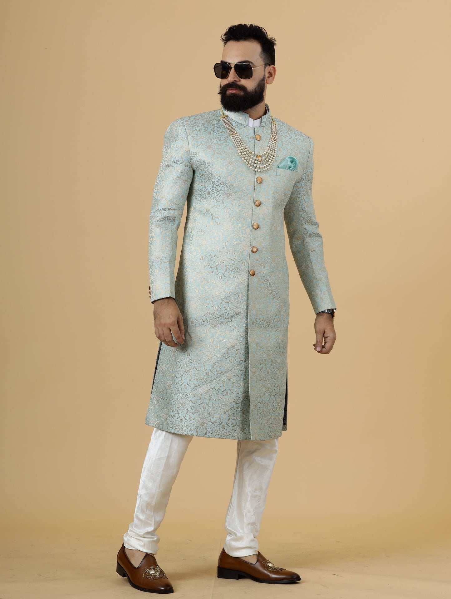 Stunning Sky Blue Banarasi Brocade Achkan for Men | Father Son Combo | Pastel Colour Sherwani | Perfect for Grooms