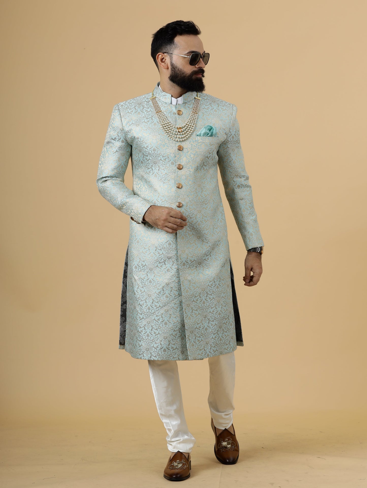 Stunning Sky Blue Banarasi Brocade Achkan for Men | Father Son Combo | Pastel Colour Sherwani | Perfect for Grooms