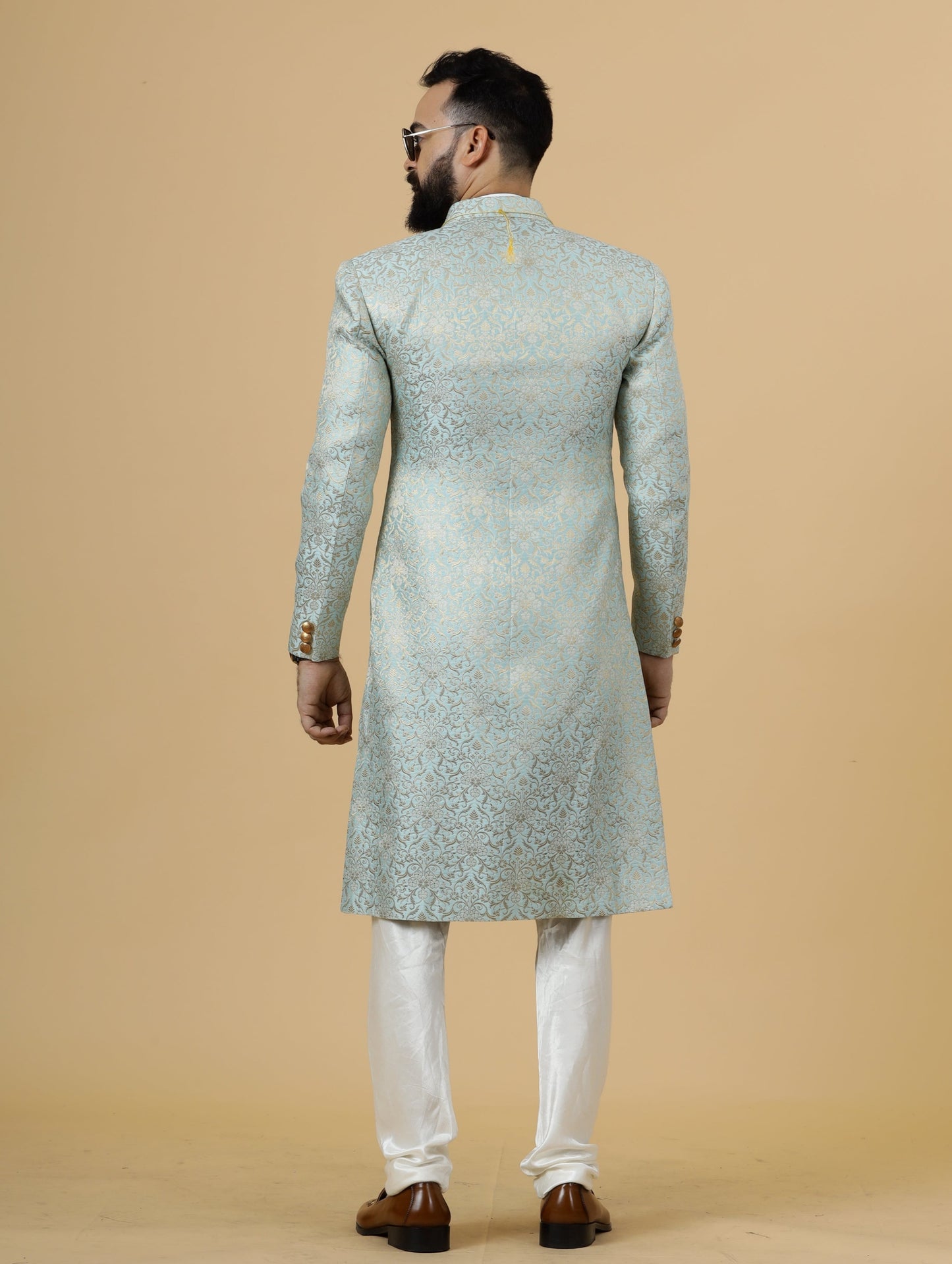 Stunning Sky Blue Banarasi Brocade Achkan for Men | Father Son Combo | Pastel Colour Sherwani | Perfect for Grooms