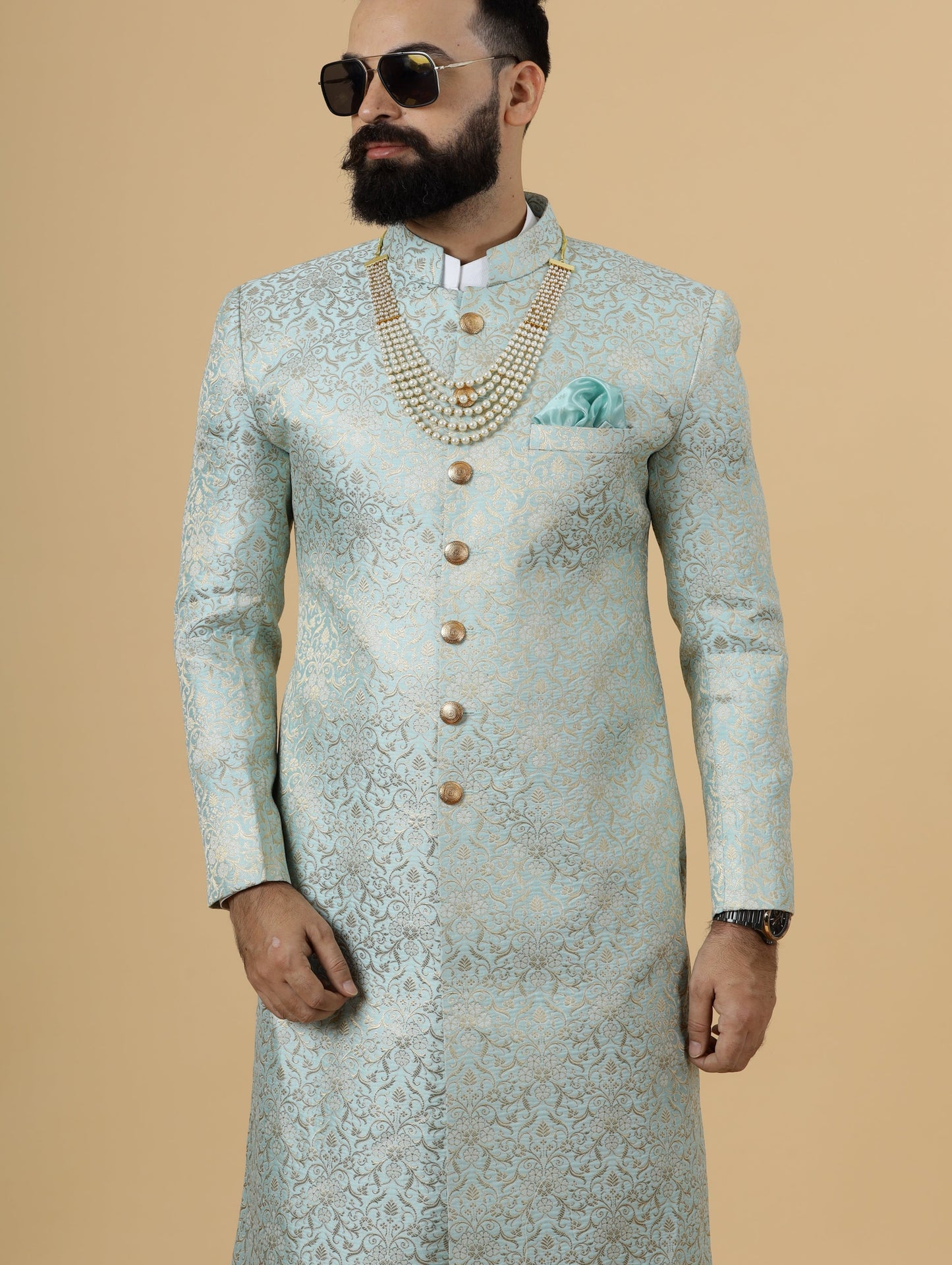 Stunning Sky Blue Banarasi Brocade Achkan for Men | Father Son Combo | Pastel Colour Sherwani | Perfect for Grooms