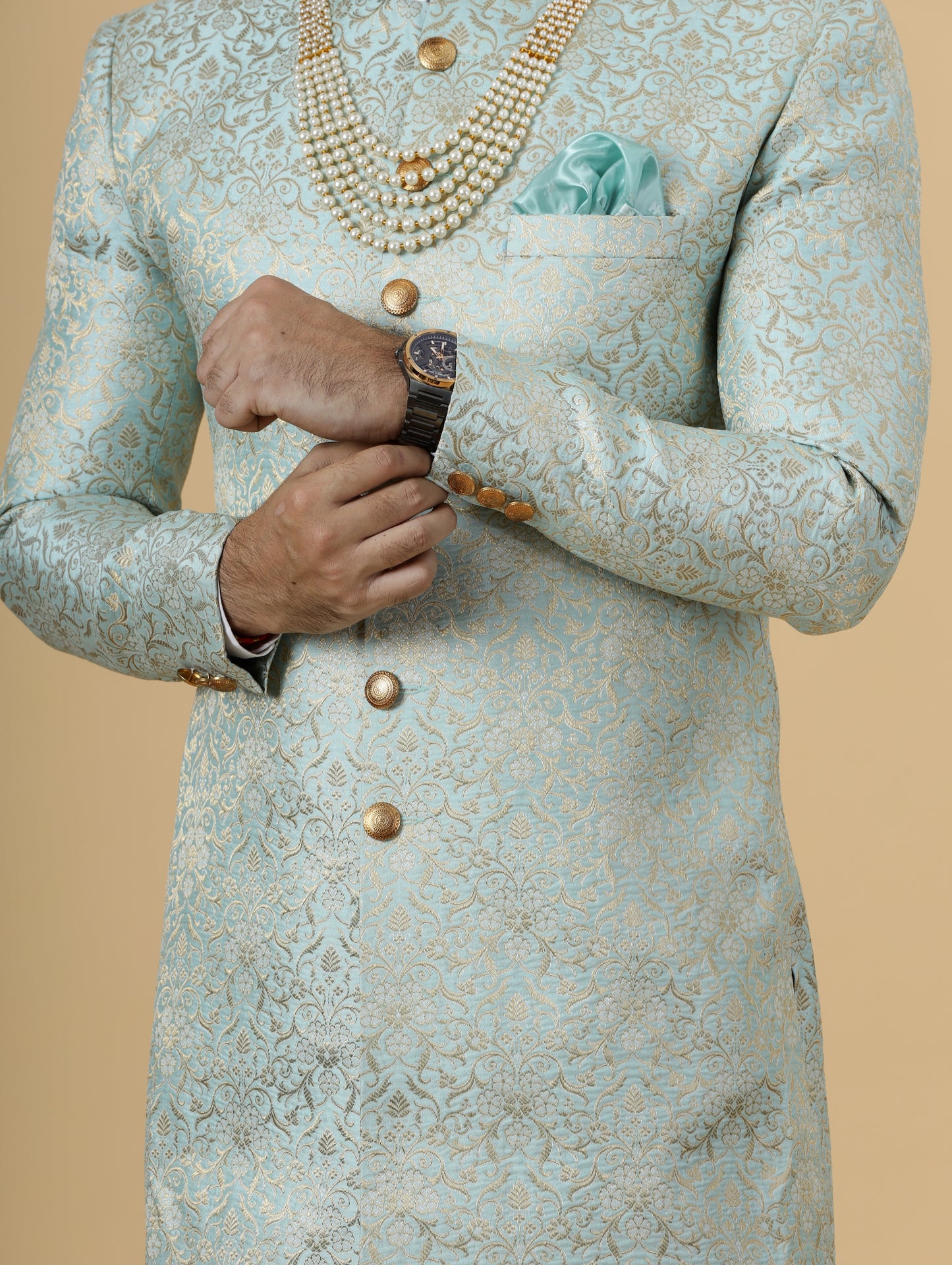 Stunning Sky Blue Banarasi Brocade Achkan for Men | Father Son Combo | Pastel Colour Sherwani | Perfect for Grooms