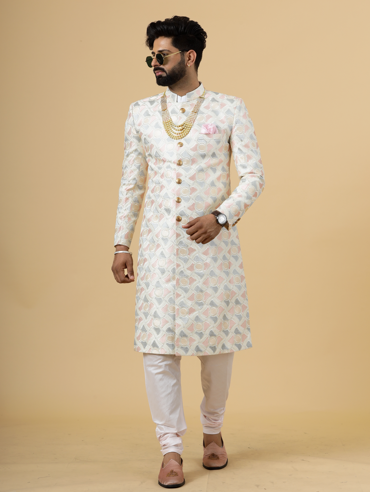 Regal Ivory Abstract thread Embroidered Sherwani for Men | Father Son Combo | Perfect Groom Wear