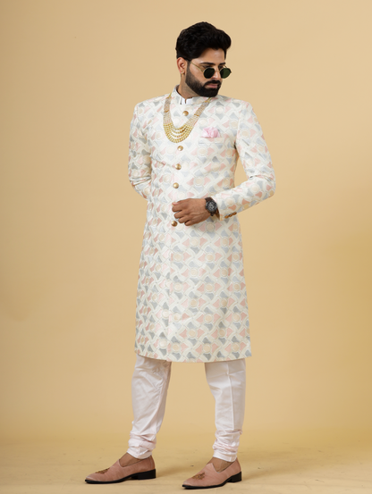 Regal Ivory Abstract thread Embroidered Sherwani for Men | Father Son Combo | Perfect Groom Wear