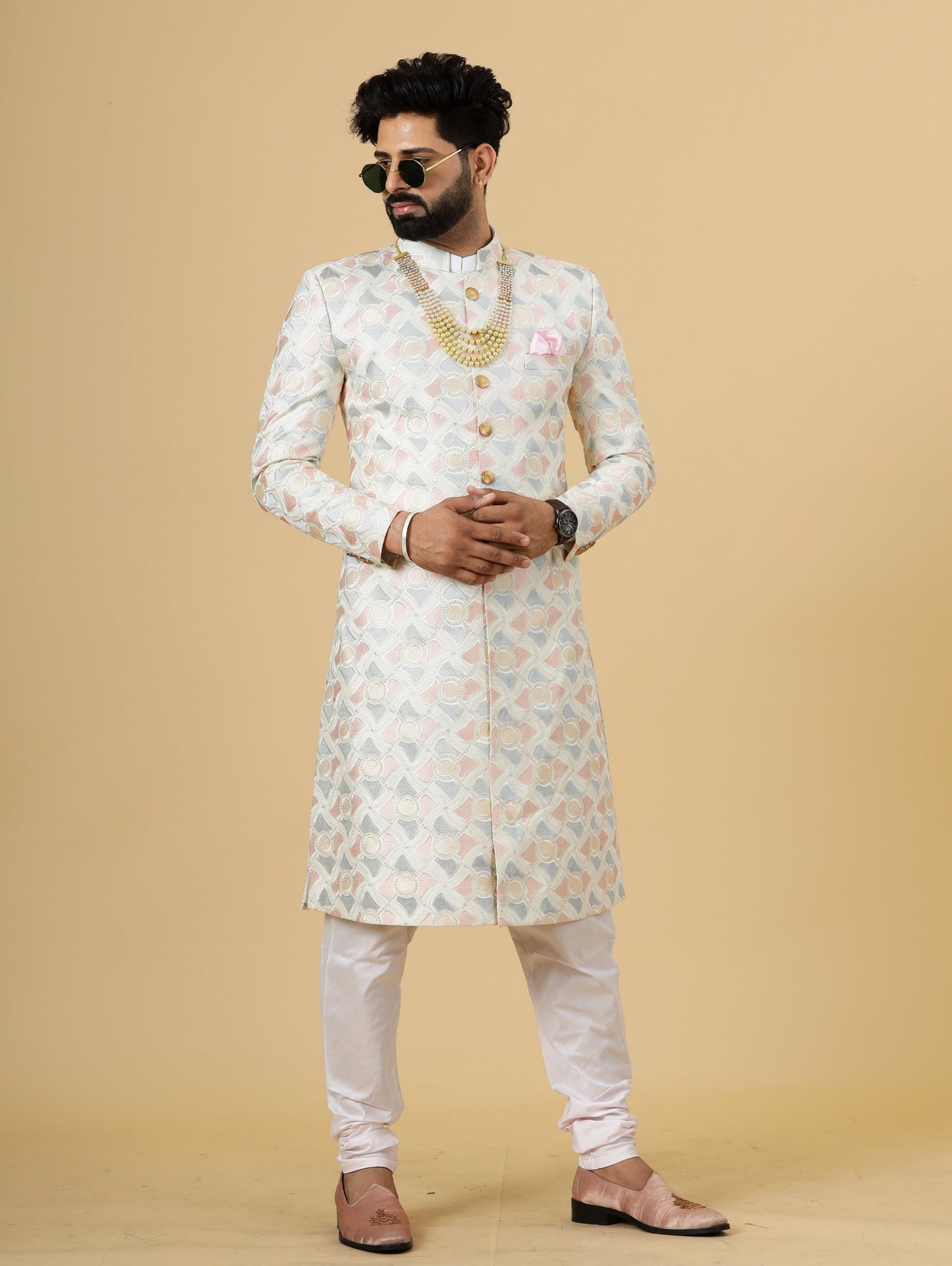 Regal Ivory Abstract thread Embroidered Sherwani for Men | Father Son Combo | Perfect Groom Wear