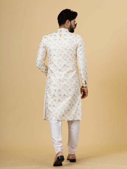 Regal Ivory Abstract thread Embroidered Sherwani for Men | Father Son Combo | Perfect Groom Wear