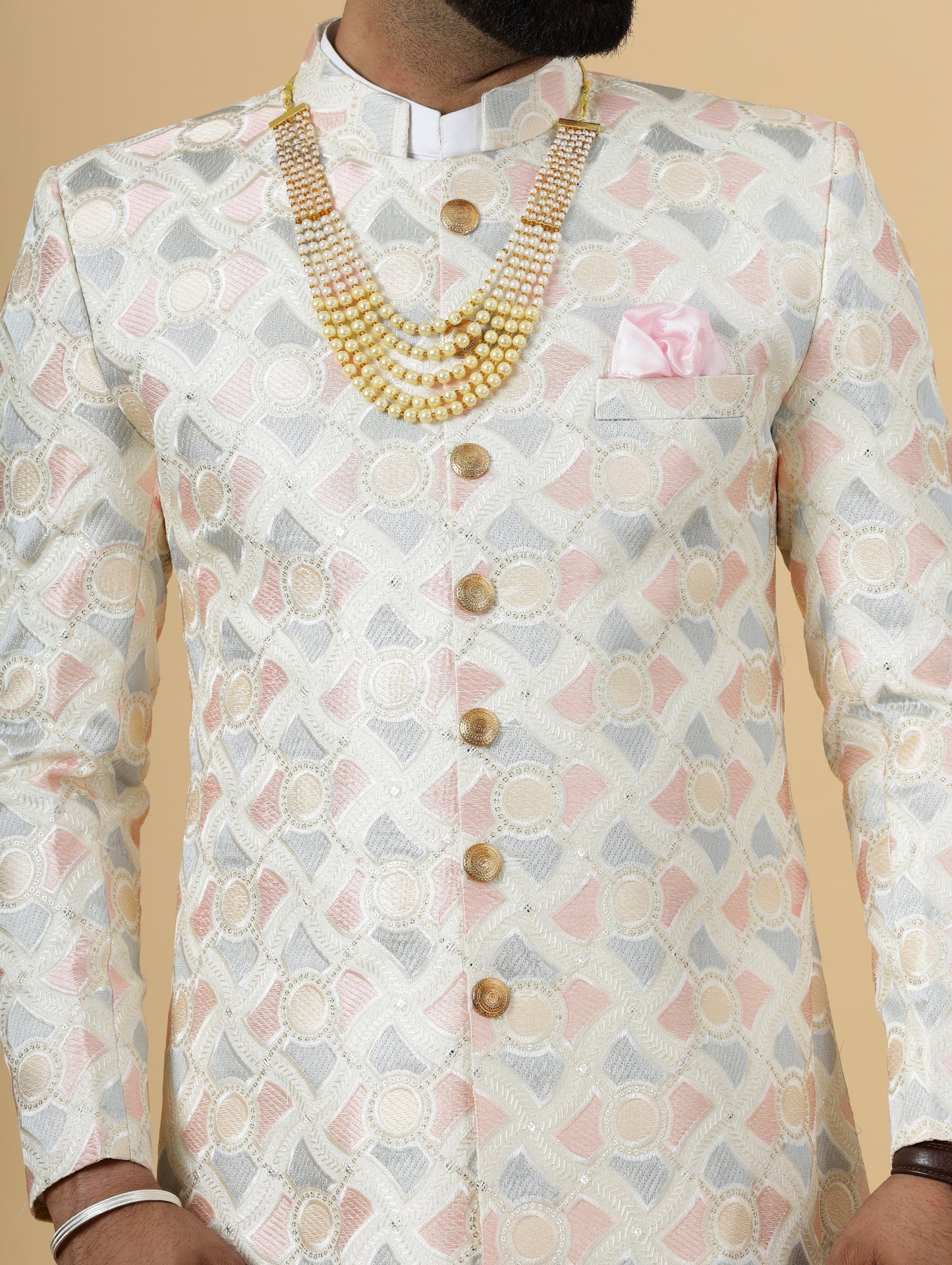 Regal Ivory Abstract thread Embroidered Sherwani for Men | Father Son Combo | Perfect Groom Wear