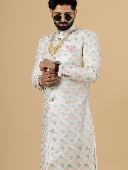 Regal Ivory Abstract thread Embroidered Sherwani for Men | Father Son Combo | Perfect Groom Wear