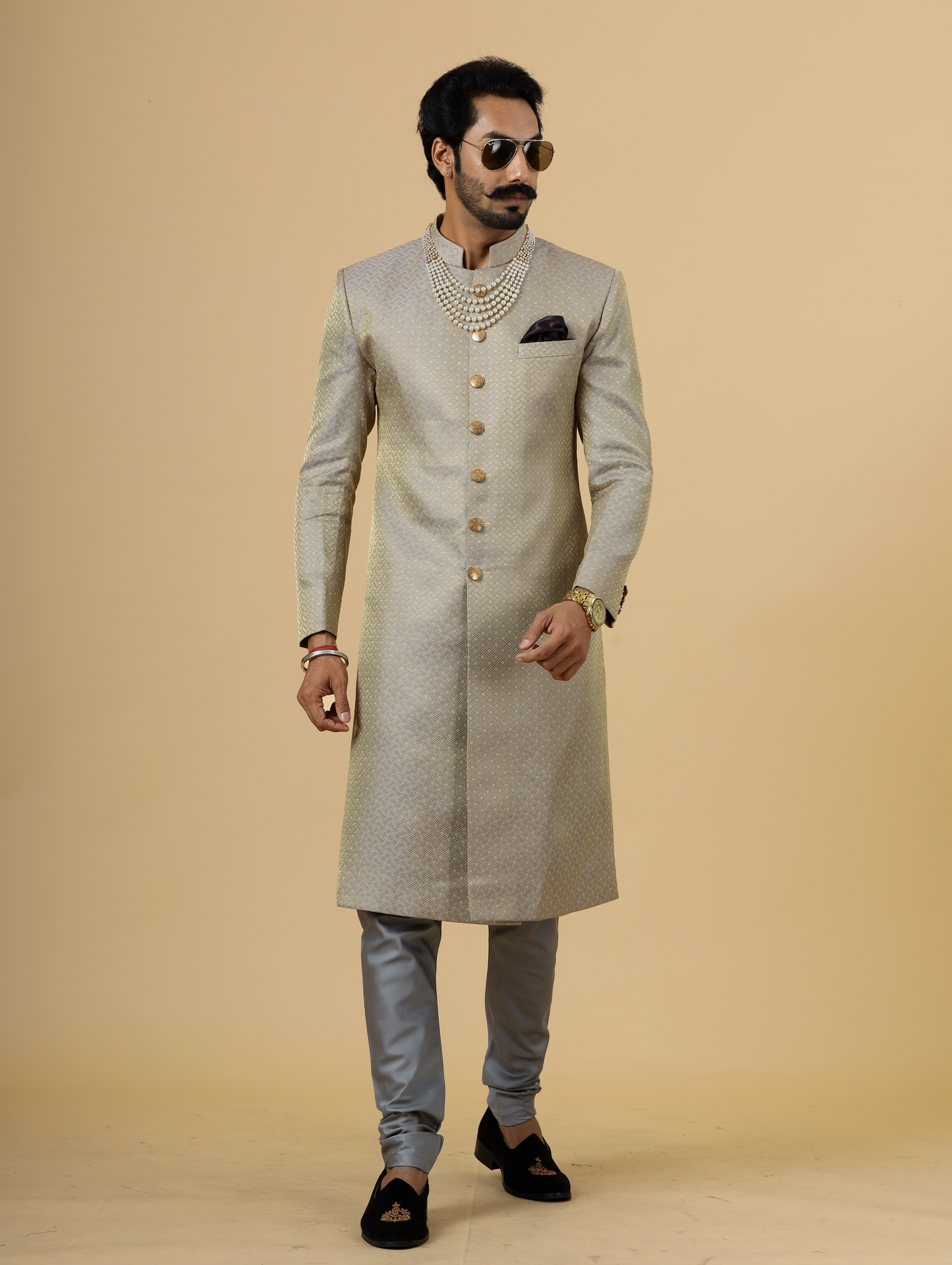 Stunning Golden-Grey Banarasi Brocade Achkan for Men | Father Son Combo | Perfect for Grooms