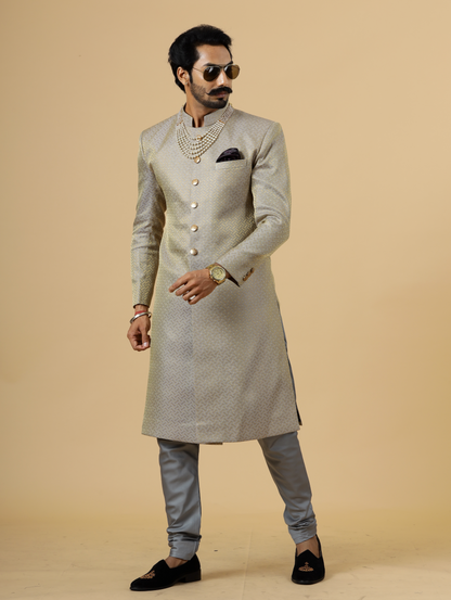 Stunning Golden-Grey Banarasi Brocade Achkan for Men | Father Son Combo | Perfect for Grooms