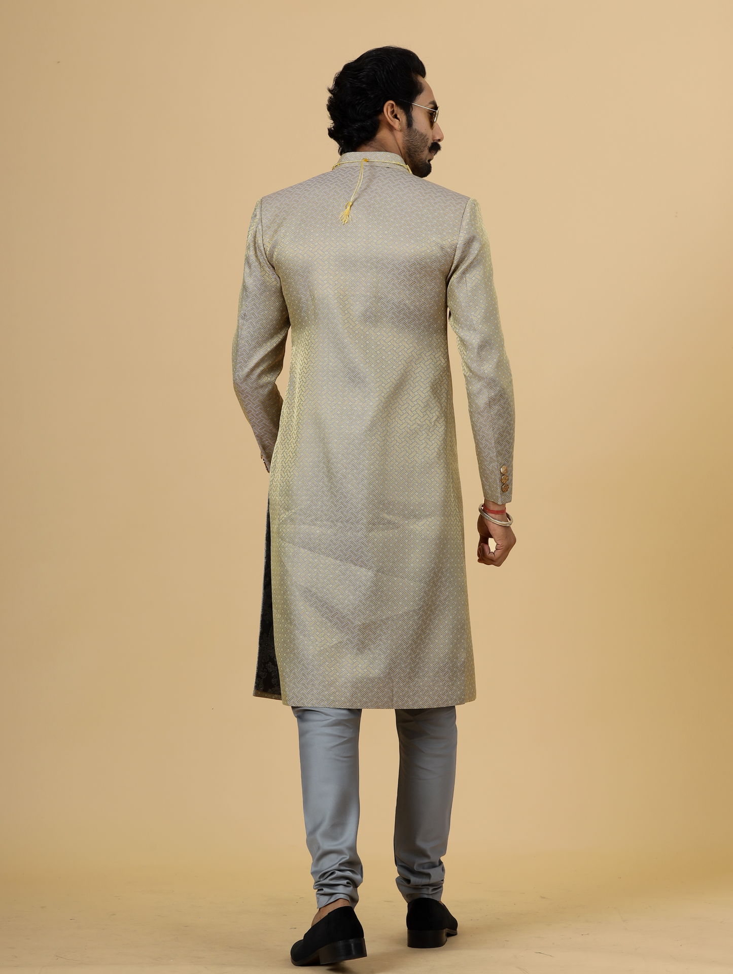 Stunning Golden-Grey Banarasi Brocade Achkan for Men | Father Son Combo | Perfect for Grooms