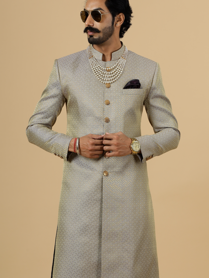 Stunning Golden-Grey Banarasi Brocade Achkan for Men | Father Son Combo | Perfect for Grooms