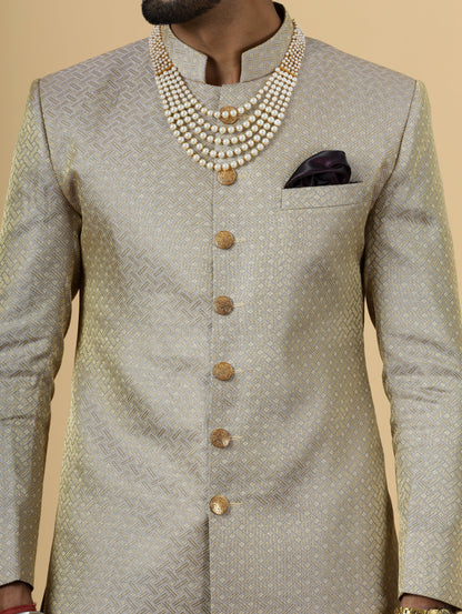 Stunning Golden-Grey Banarasi Brocade Achkan for Men | Father Son Combo | Perfect for Grooms