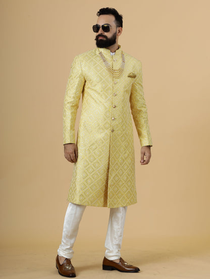 Stunning Yellow Sequin Embroidered Achkan for Men | Father Son Combo | Perfect for Grooms