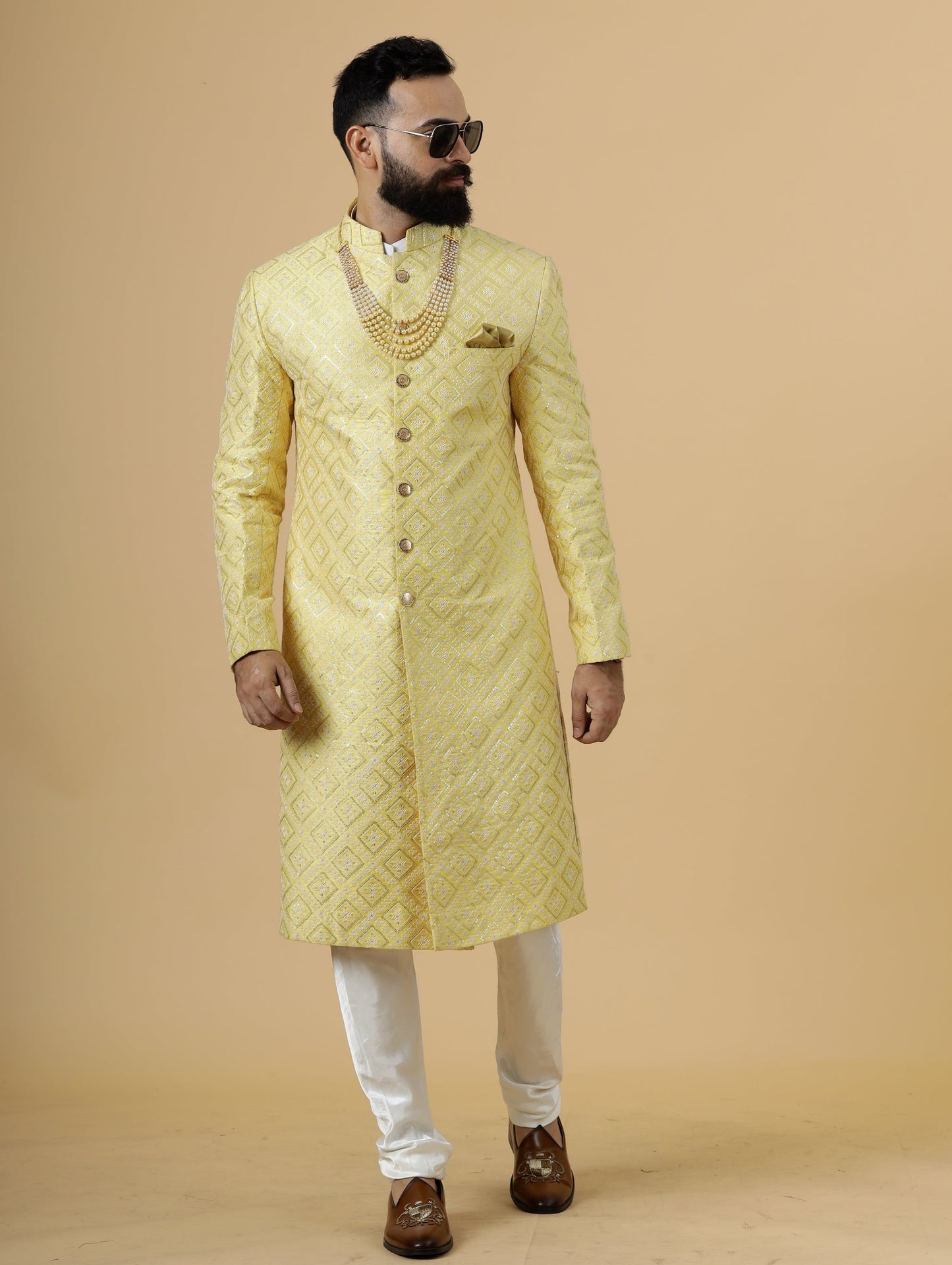 Stunning Yellow Sequin Embroidered Achkan for Men | Father Son Combo | Perfect for Grooms