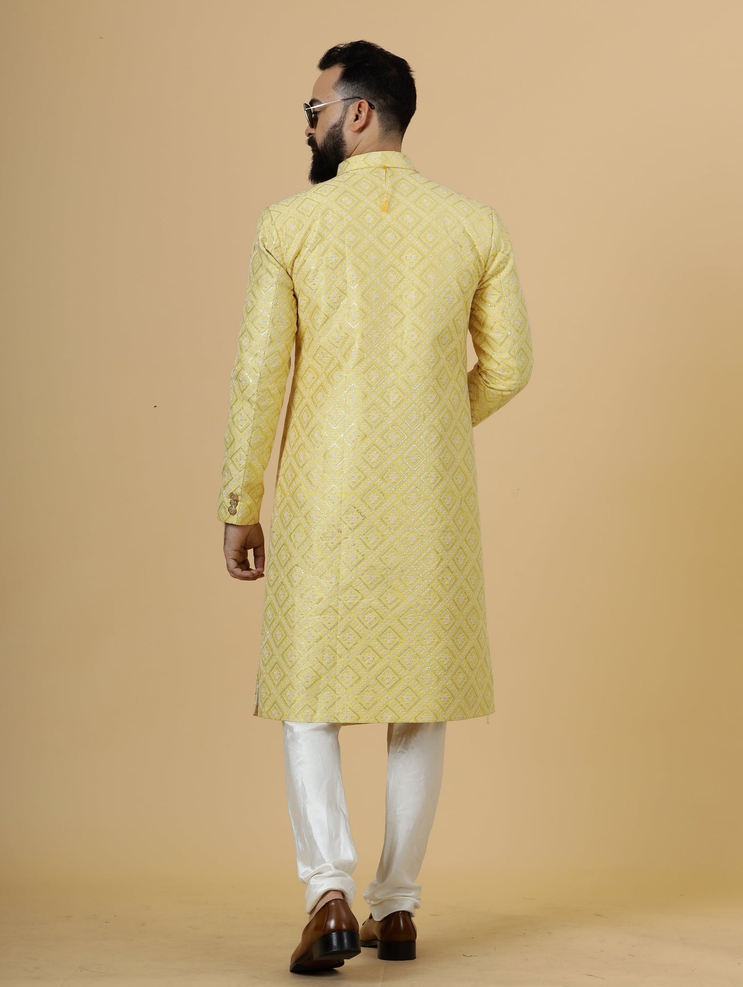 Stunning Yellow Sequin Embroidered Achkan for Men | Father Son Combo | Perfect for Grooms