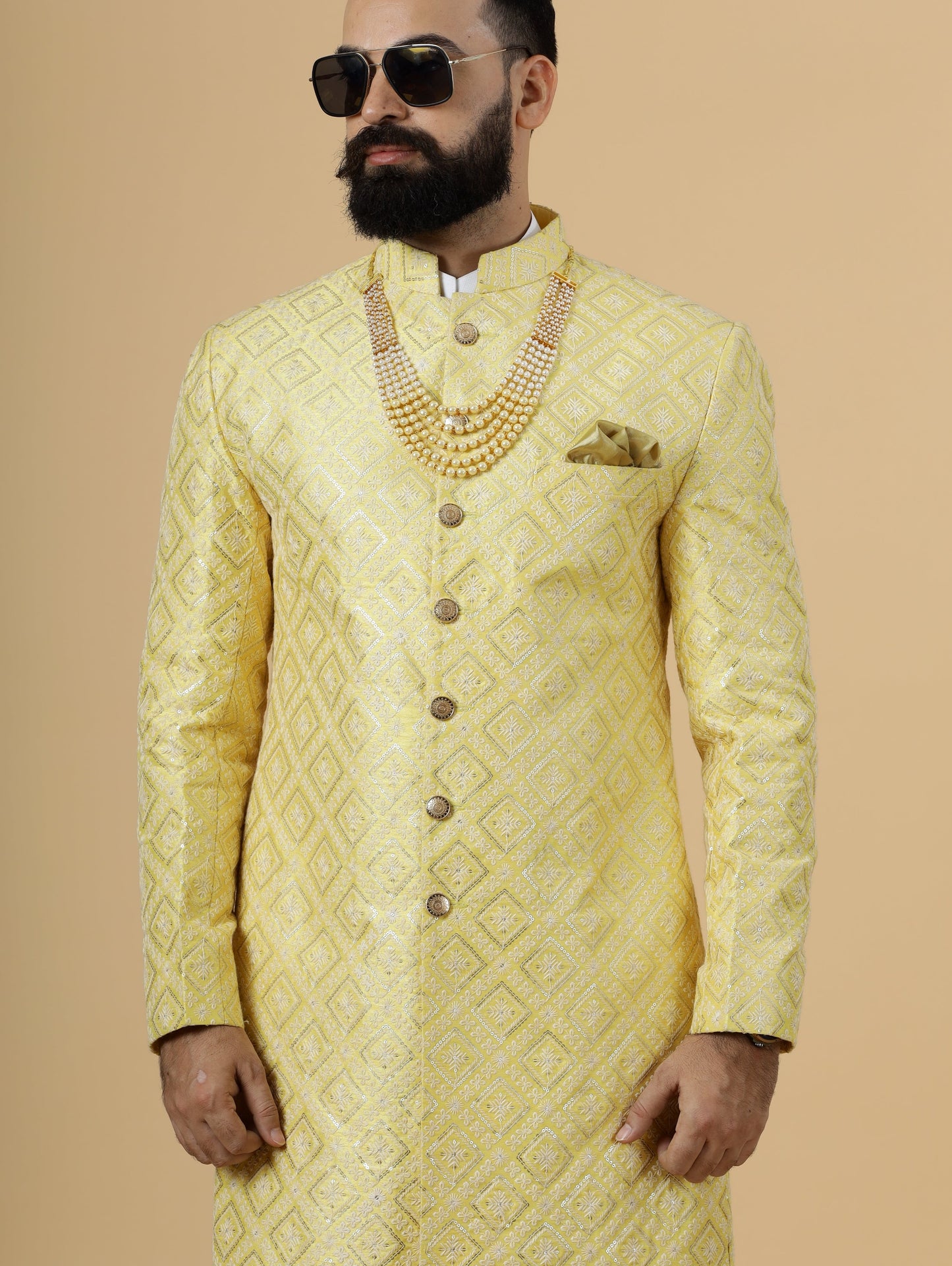 Stunning Yellow Sequin Embroidered Achkan for Men | Father Son Combo | Perfect for Grooms