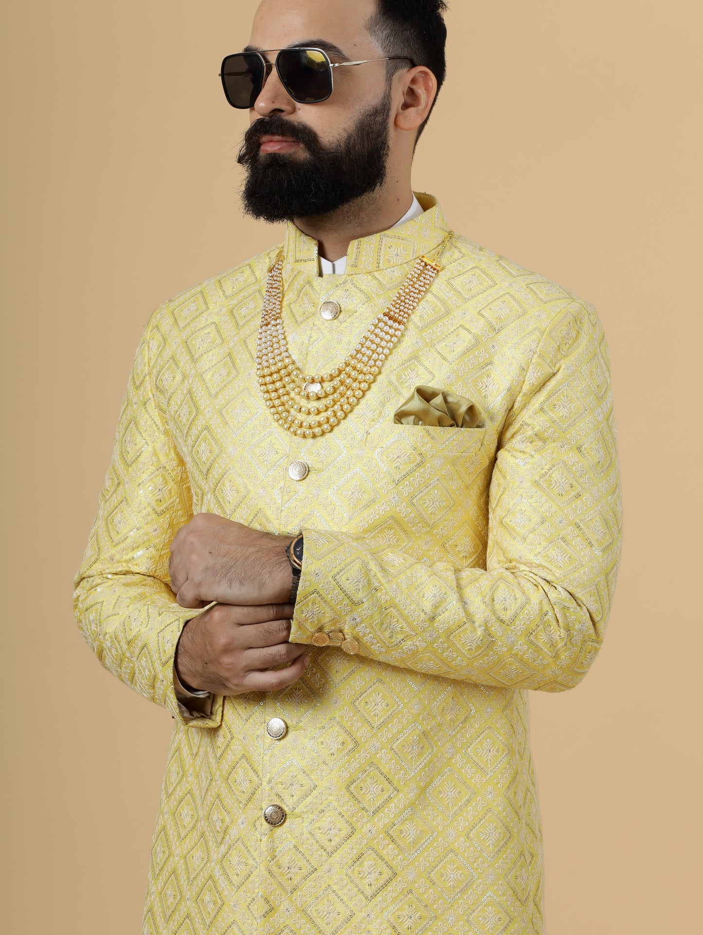 Stunning Yellow Sequin Embroidered Achkan for Men | Father Son Combo | Perfect for Grooms