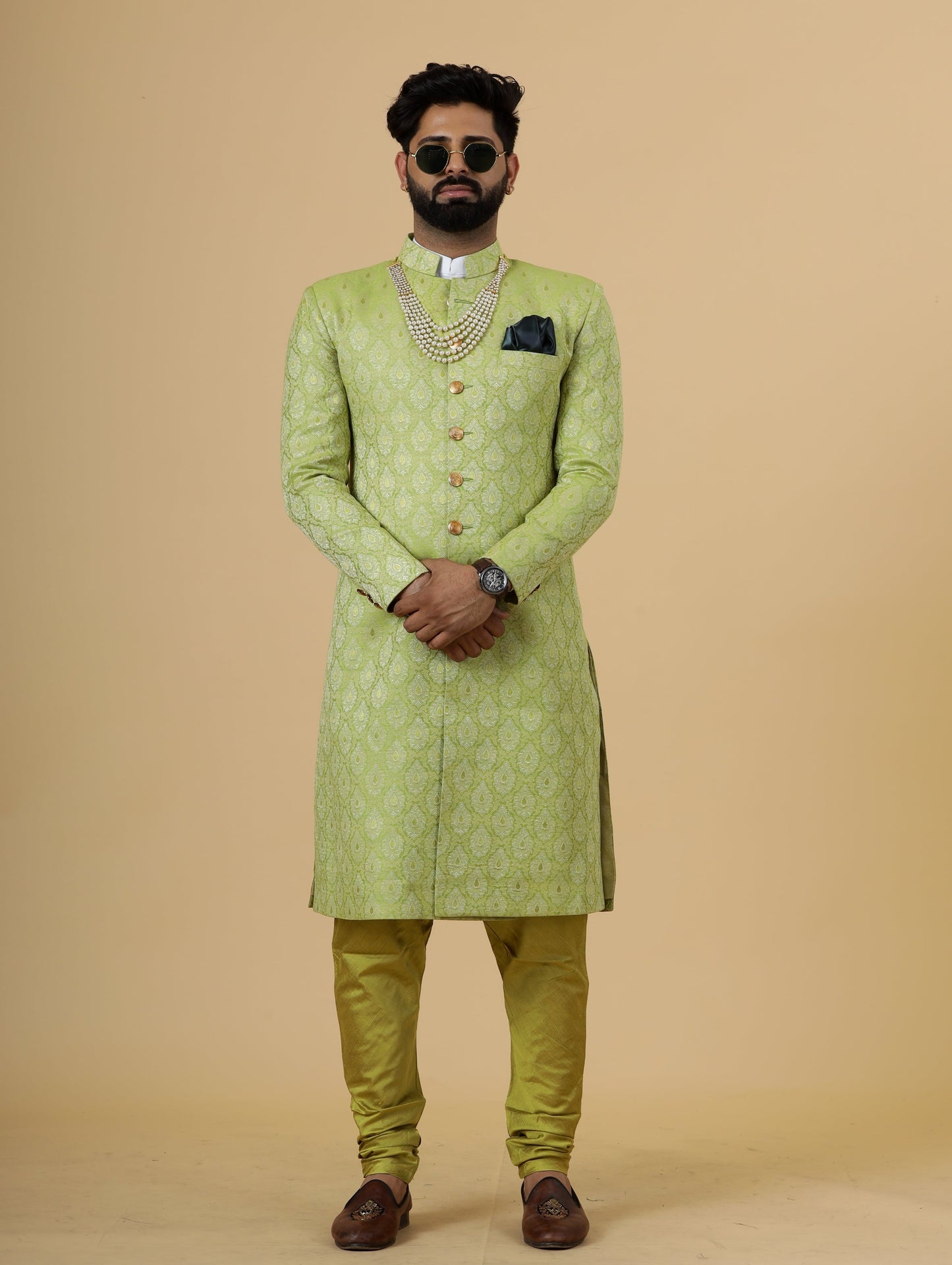 Stunning Citron Green Banarasi Brocade Achkan for Men | Father Son Combo | Perfect for Grooms