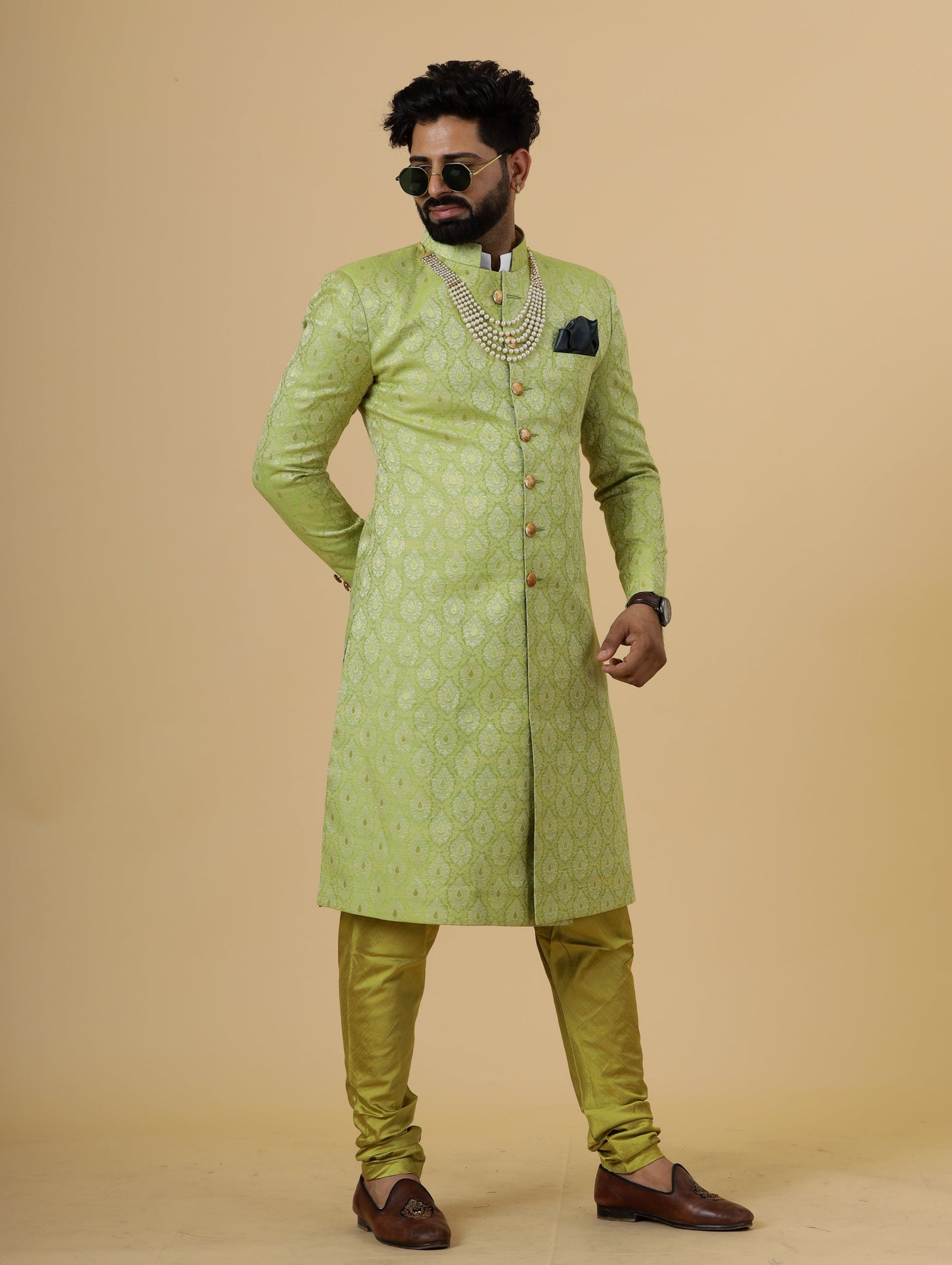 Stunning Citron Green Banarasi Brocade Achkan for Men | Father Son Combo | Perfect for Grooms