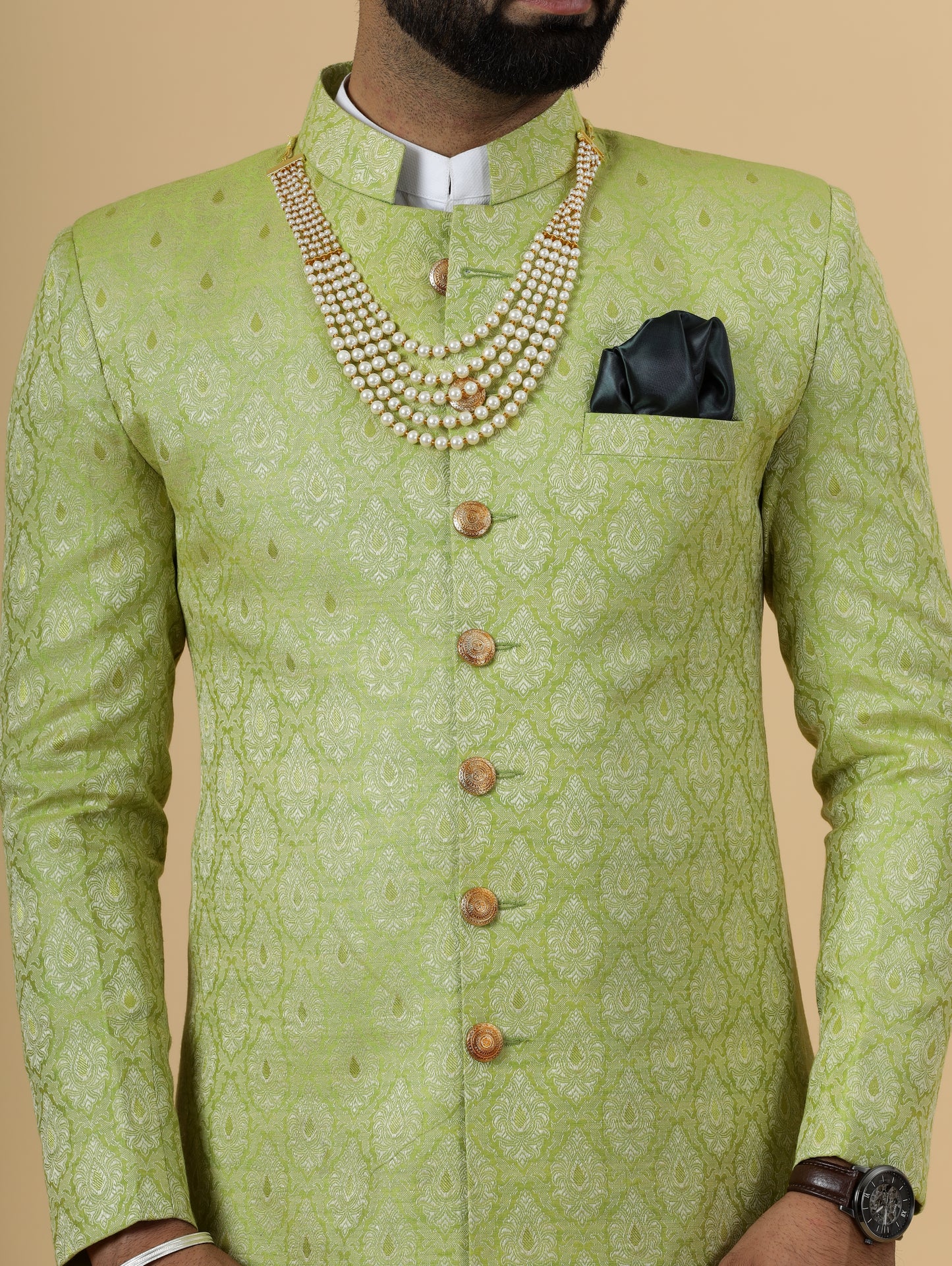 Stunning Citron Green Banarasi Brocade Achkan for Men | Father Son Combo | Perfect for Grooms