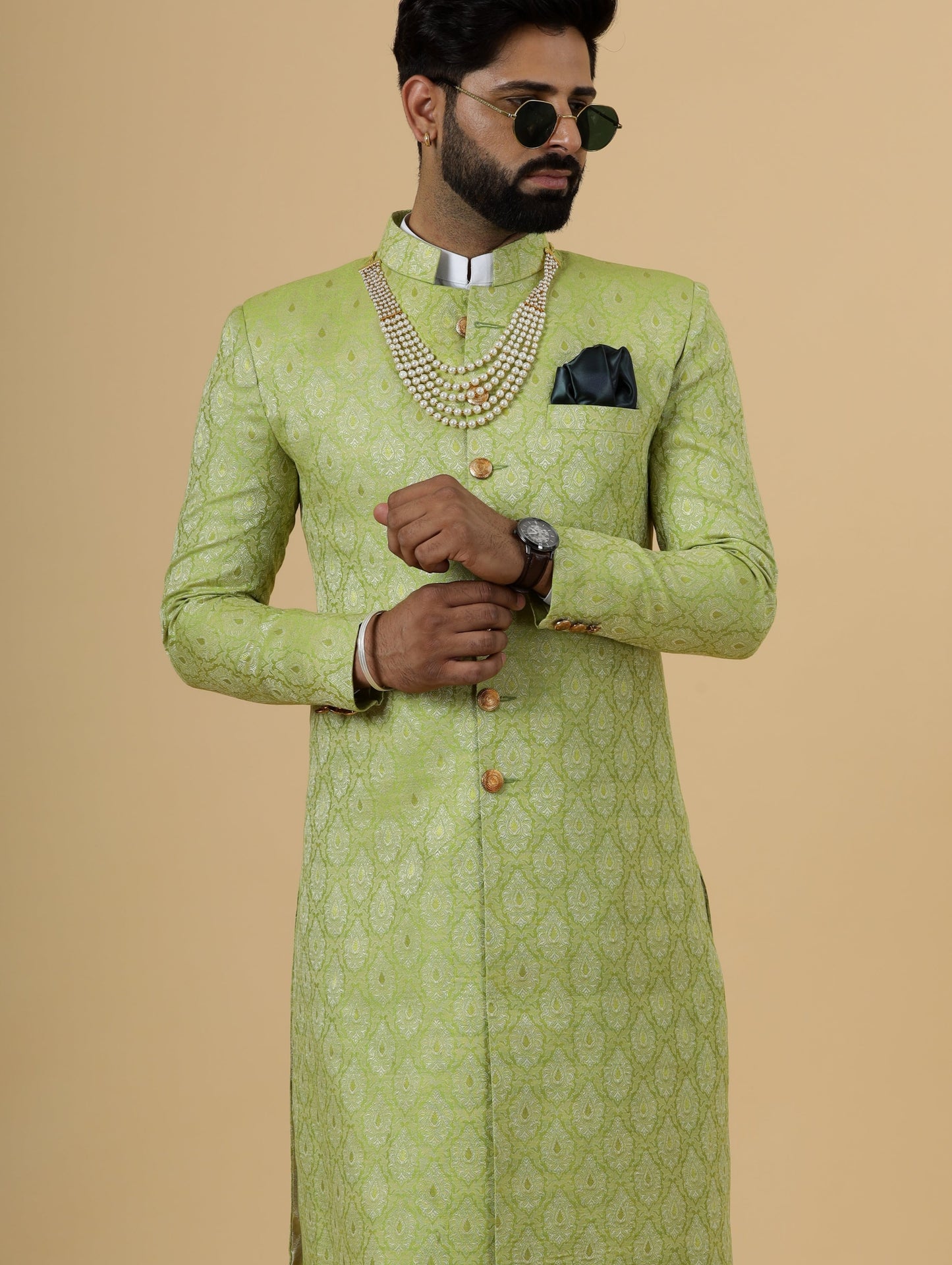 Stunning Citron Green Banarasi Brocade Achkan for Men | Father Son Combo | Perfect for Grooms