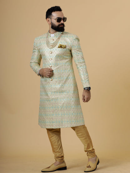 Traditional Lemon-Yellow Sequin Embroidered Sherwani for Men | Father Son Combo | Perfect Groom Wear